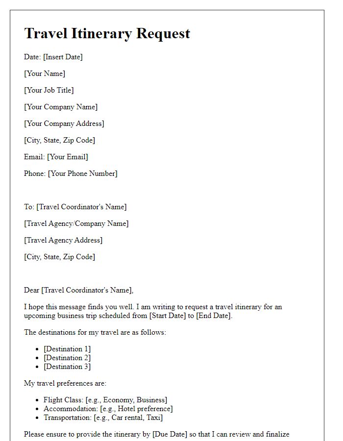 Letter template of travel itinerary request for business trip