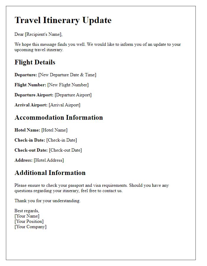 Letter template of travel itinerary update for international travel