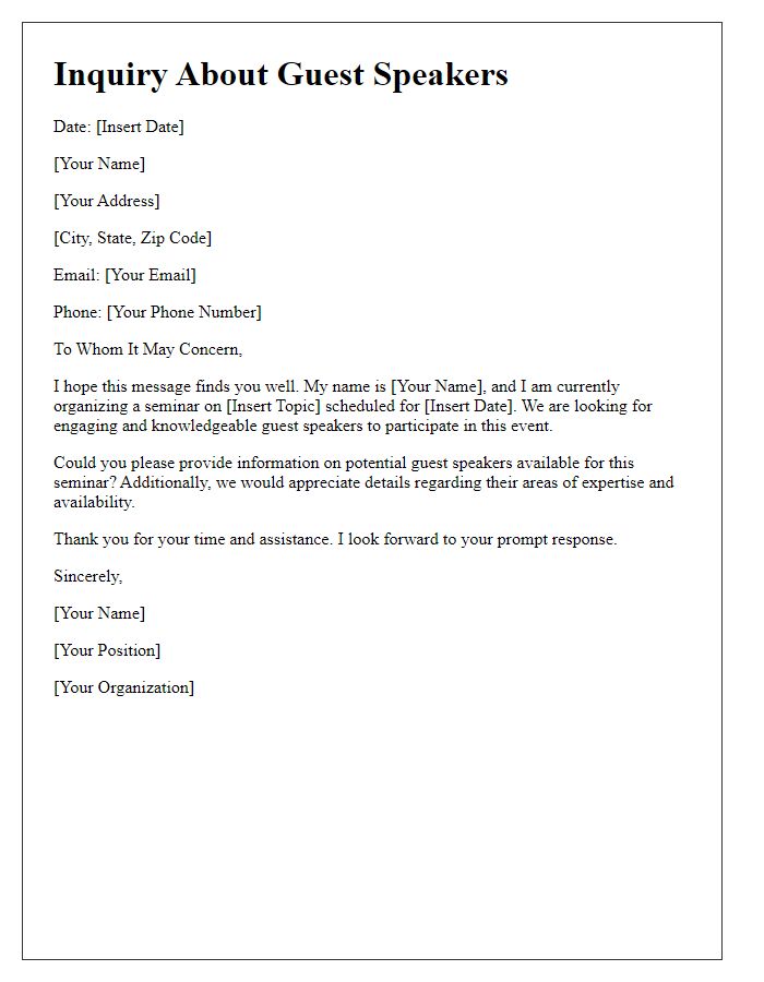 Letter template of inquiry about guest speakers at the seminar