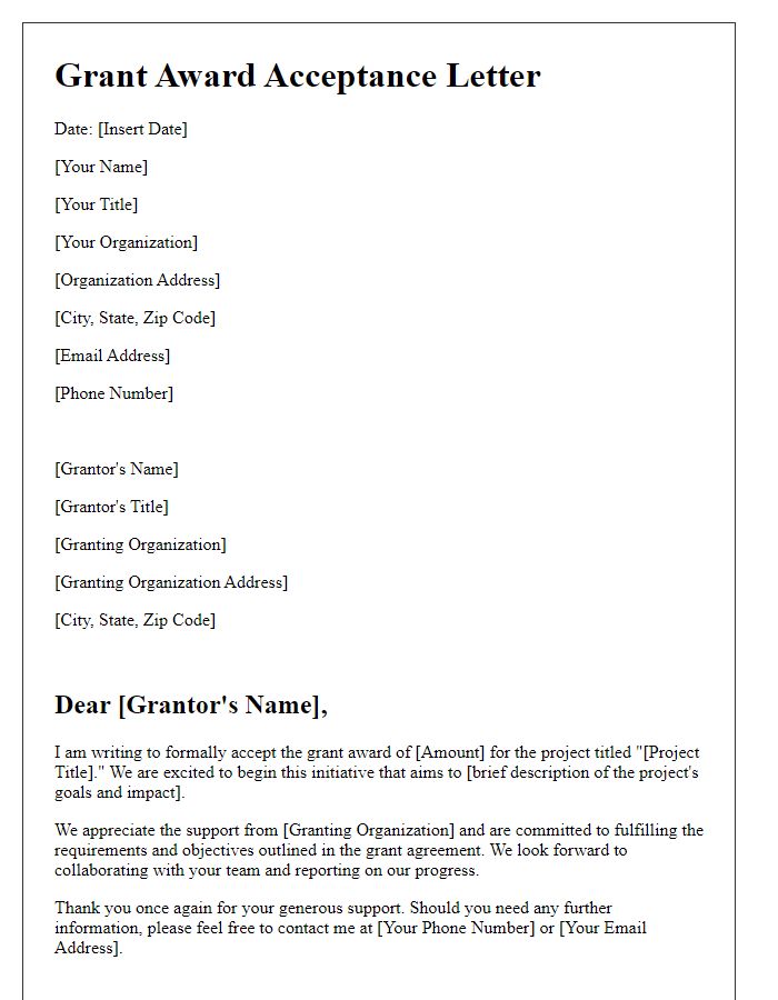 Letter template of grant award acceptance for educational projects