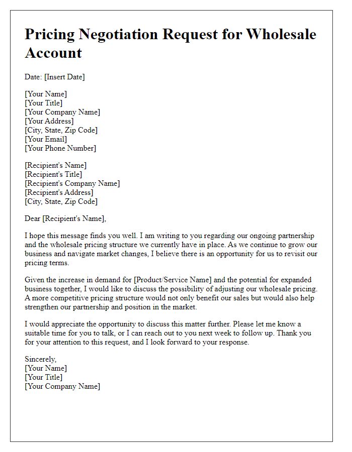 Letter template of Pricing Negotiation Request for Wholesale Accounts