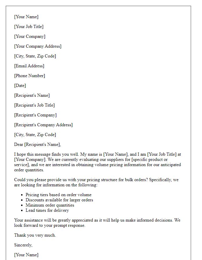 Letter template of Request for Volume Pricing Information