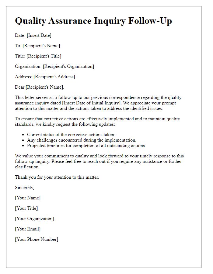 Letter template of quality assurance inquiry for corrective action follow-up.