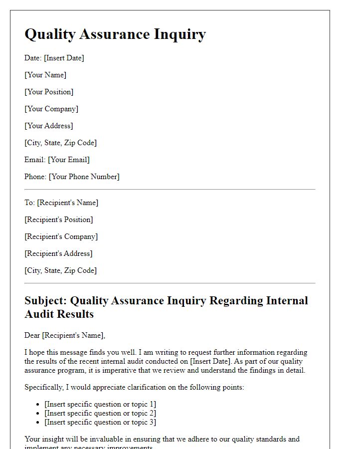 Letter template of quality assurance inquiry for internal audit results.