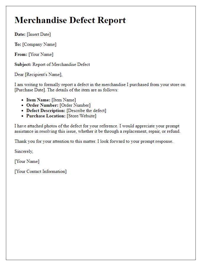 Letter template of merchandise defect report