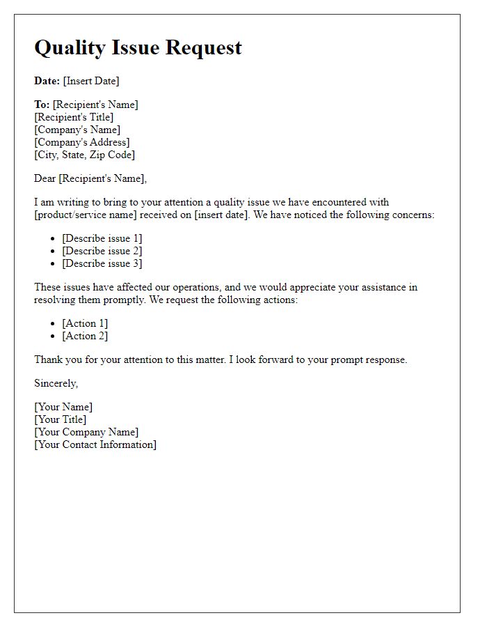 Letter template of quality issue request