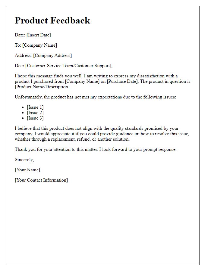 Letter template of unsatisfactory product feedback