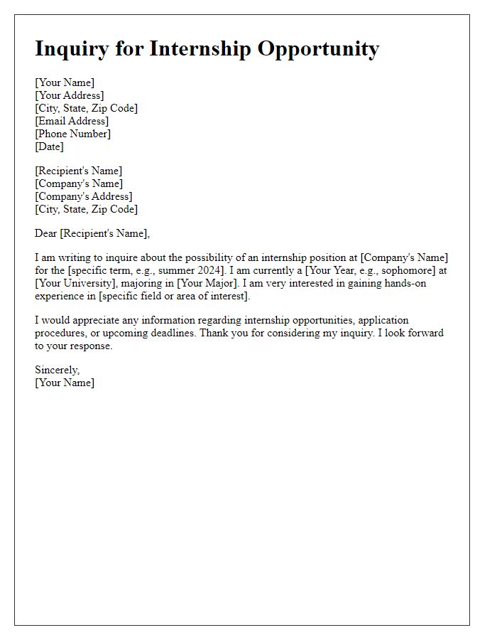 Letter template of inquiry for internship application