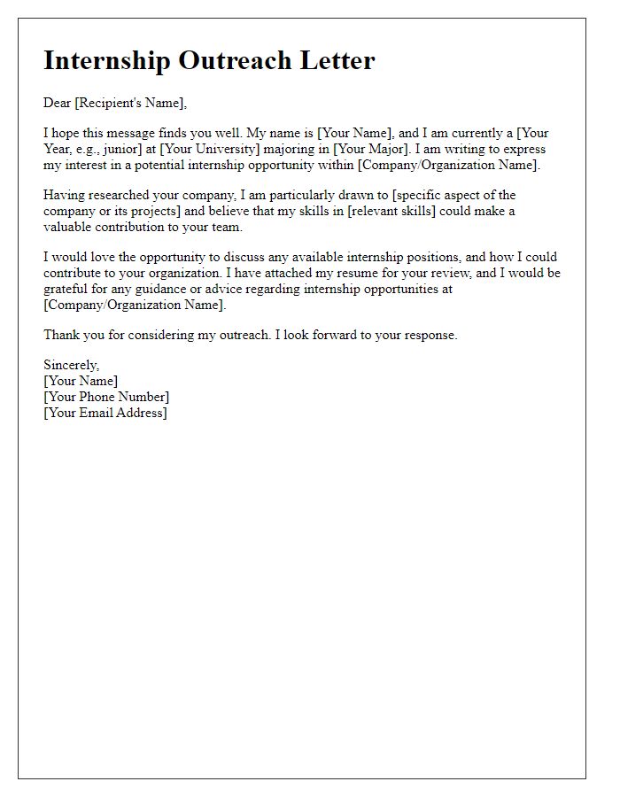 Letter template of prospective internship outreach