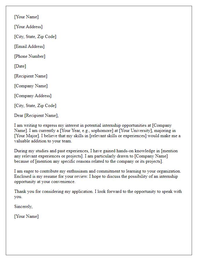 Letter template of seeking internship opportunities