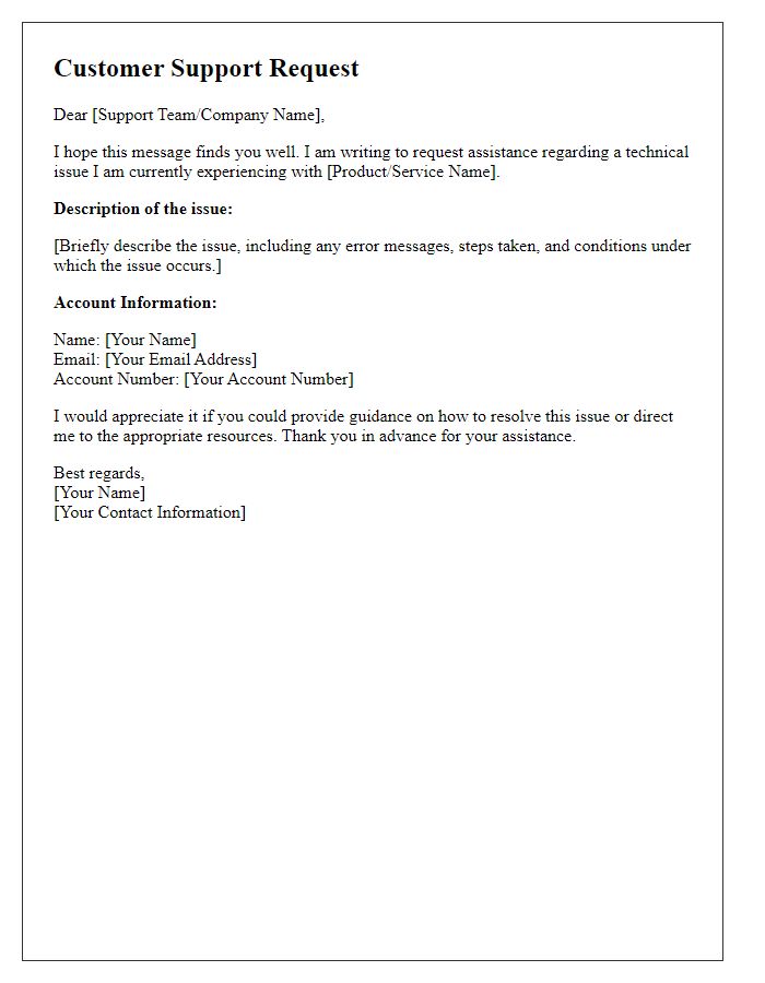 Letter template of customer support request for tech issues