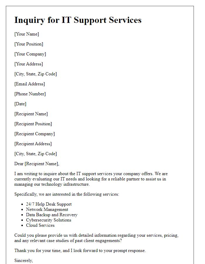 Letter template of inquiry for IT support services