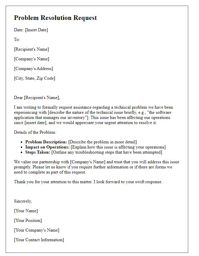 Letter template of problem resolution request for technical problems