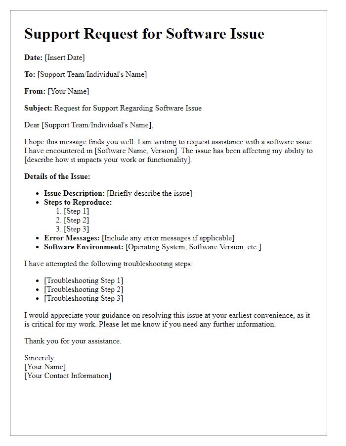 Letter template of support request for a software issue