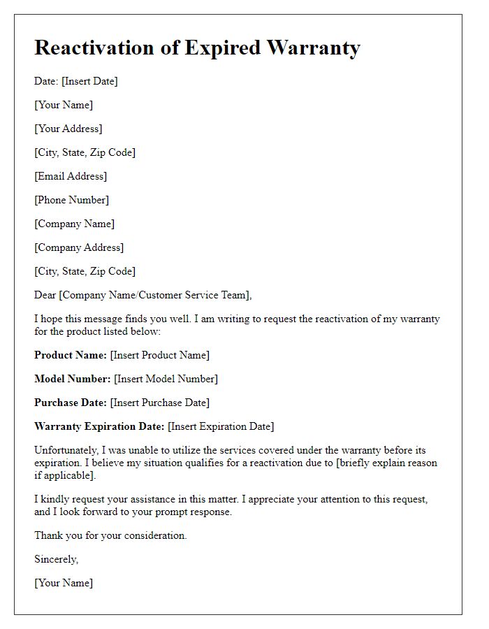 Letter template of expired warranty reactivation request