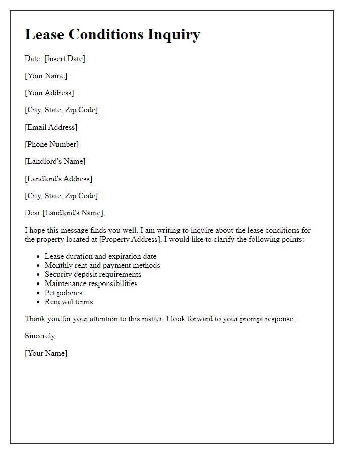 Letter template of lease conditions inquiry