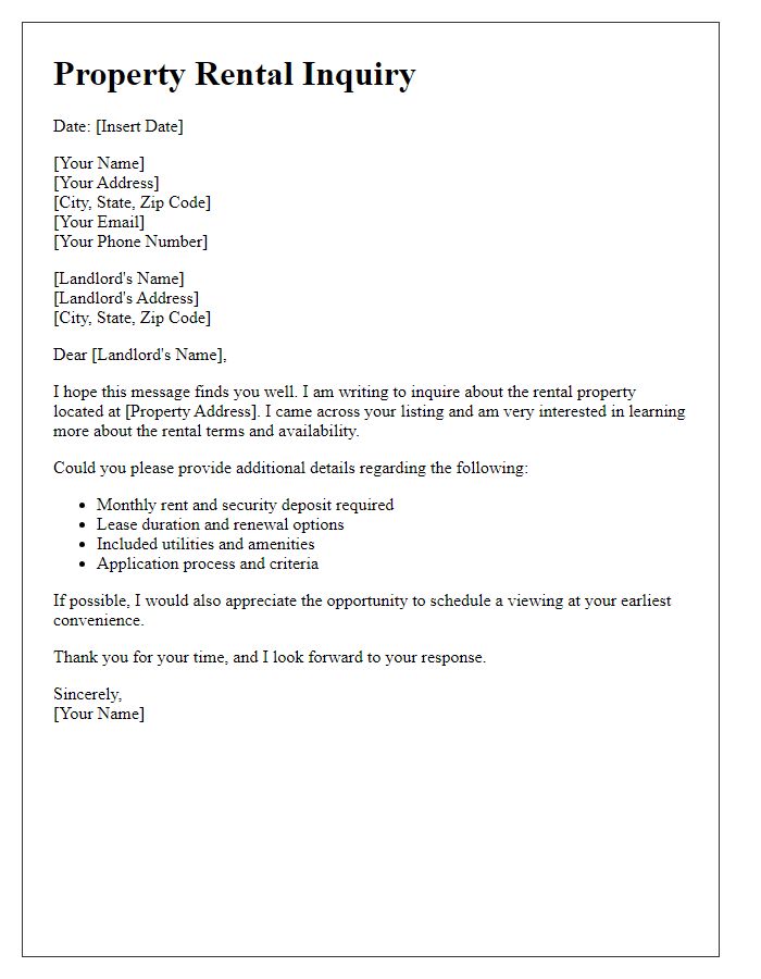 Letter template of property rental inquiry