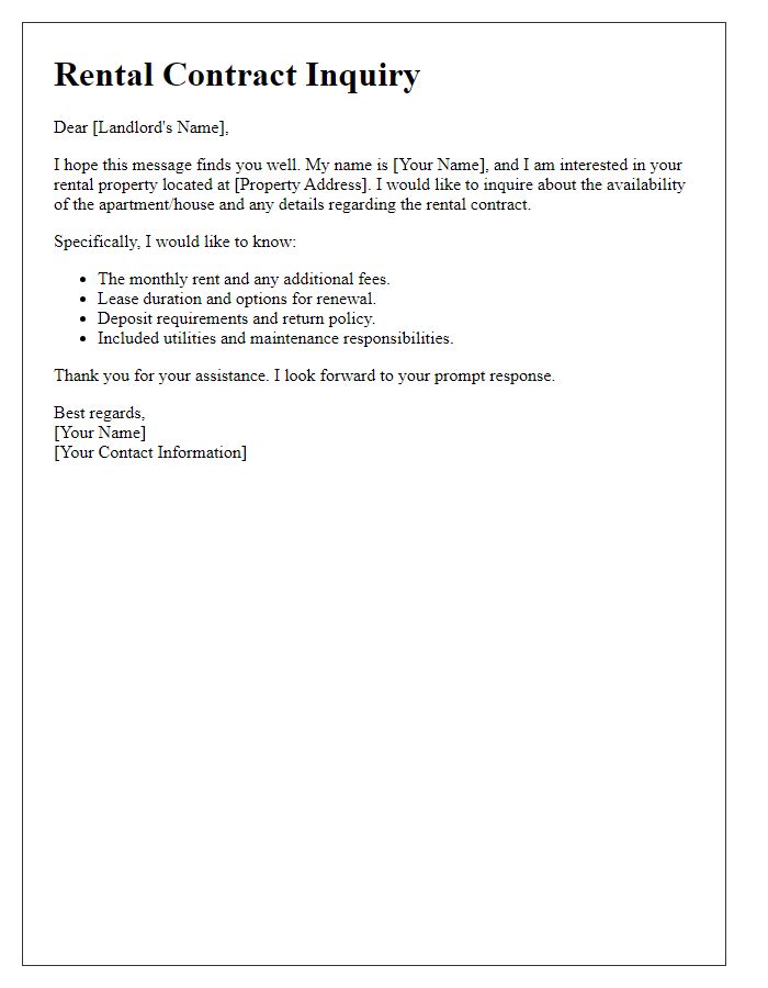 Letter template of rental contract inquiry