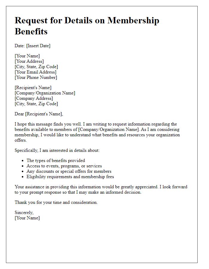 Letter template of request for details on membership benefits