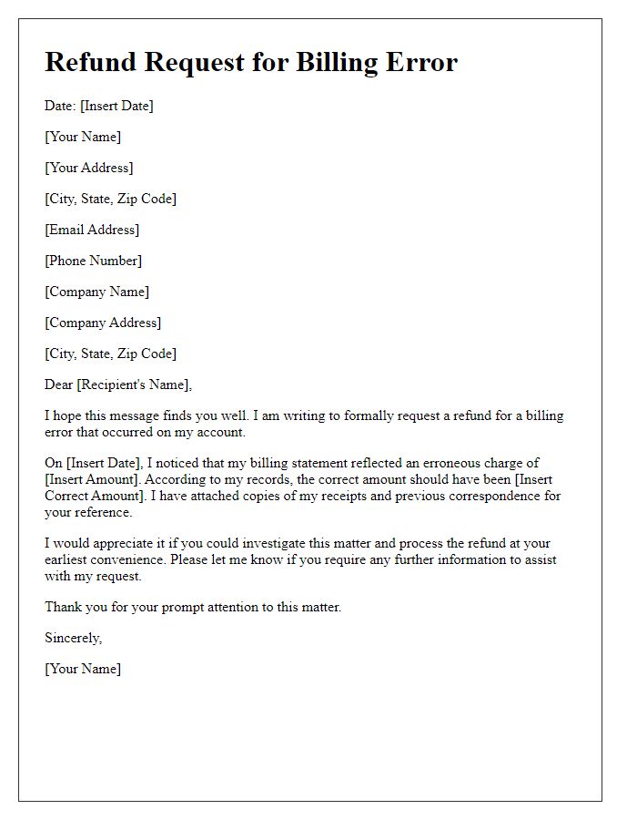 Letter template of refund request for billing error.