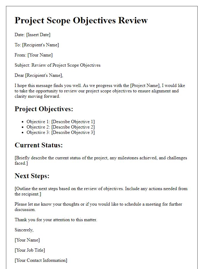 Letter template of project scope objectives review