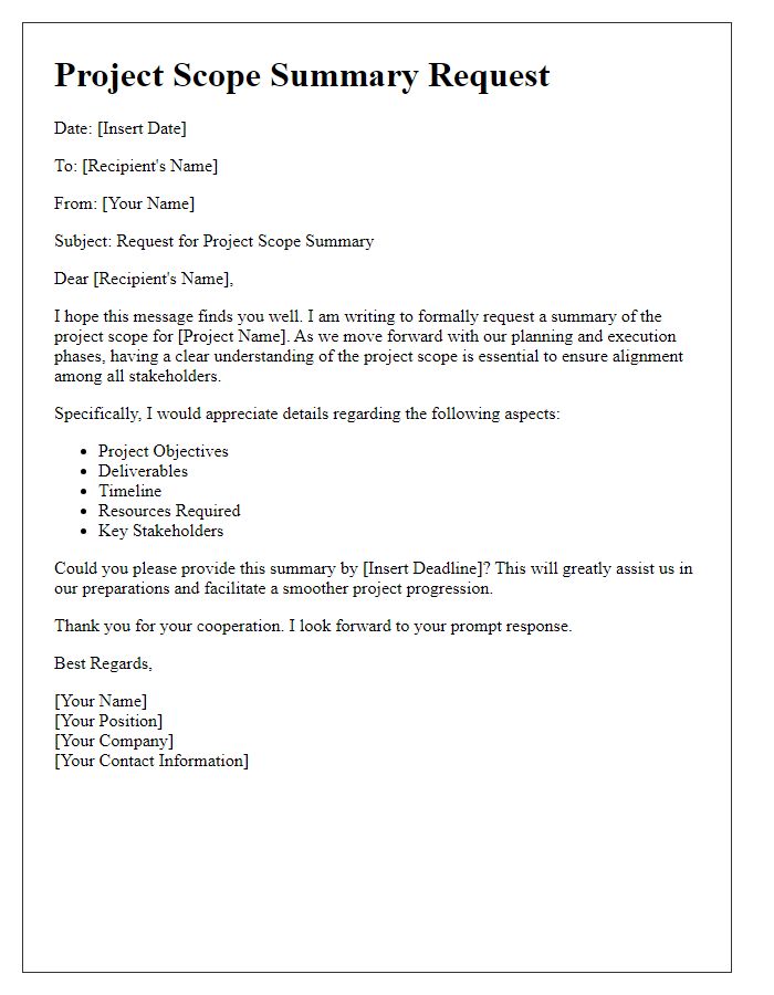 Letter template of project scope summary request