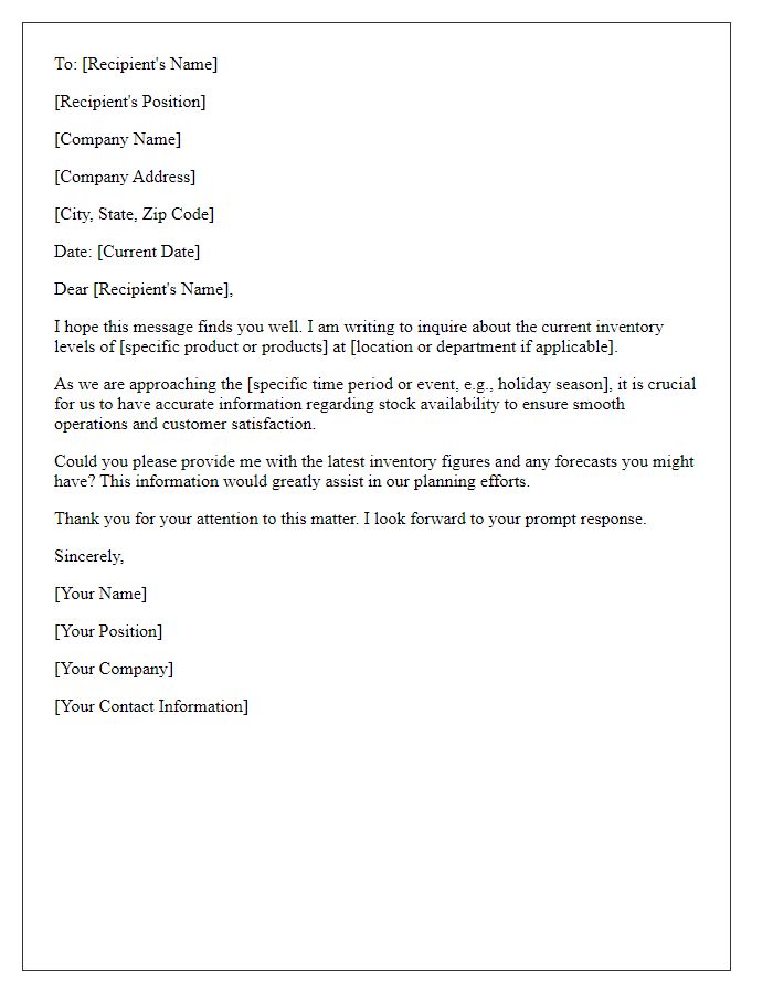 Letter template of query regarding product inventory levels