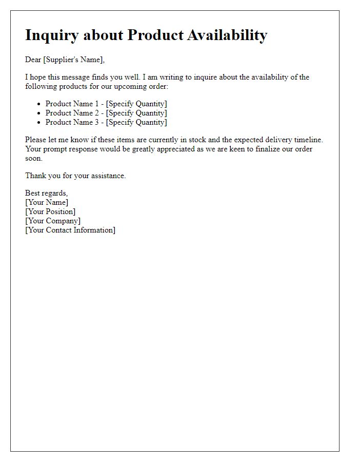 Letter template of question on product availability for order