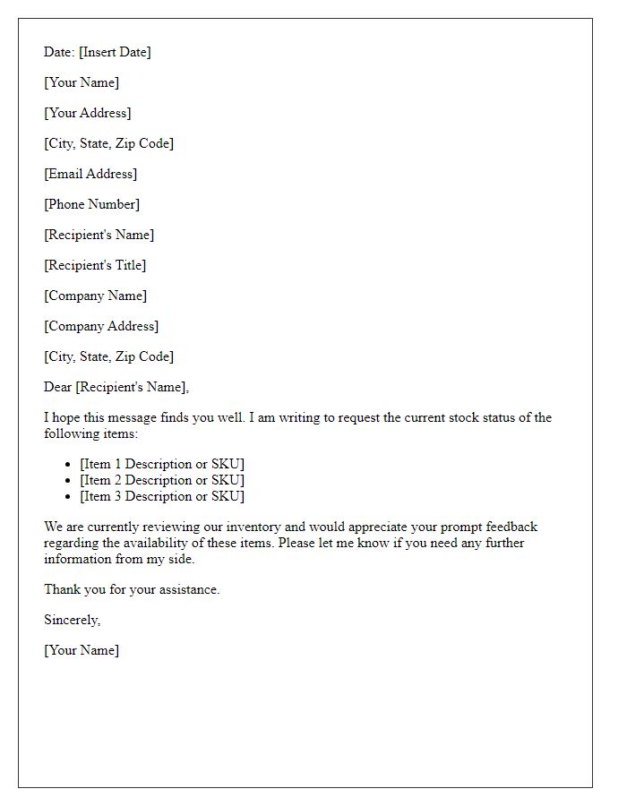 Letter template of request for stock status on specific items