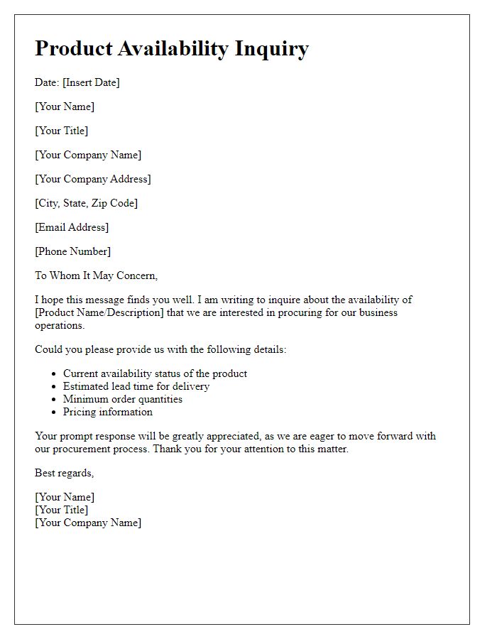 Letter template of solicitation for product availability details