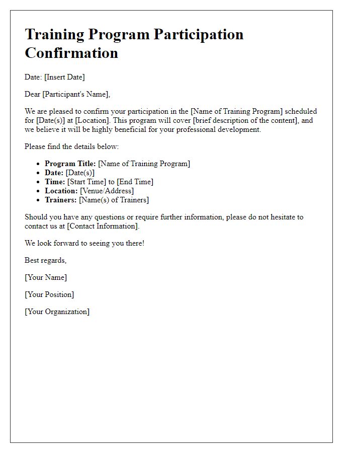 Letter template of confirmation for training program participation