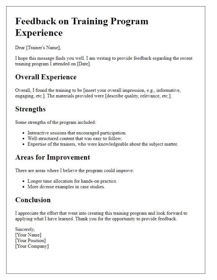 Letter template of feedback on training program experience