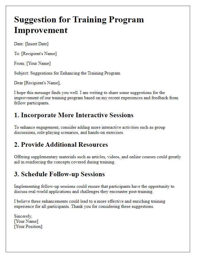 Letter template of suggestion for training program improvement