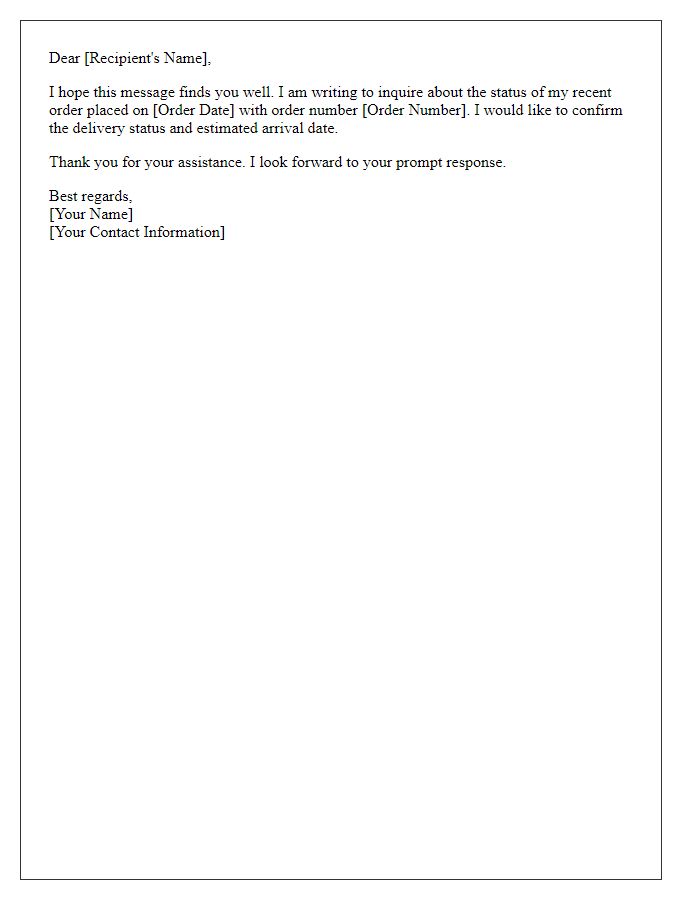 Letter template of order status check for delivery confirmation