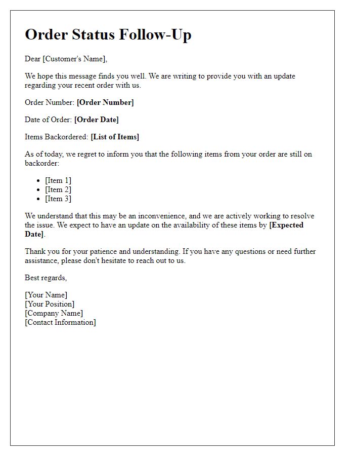 Letter template of order status follow-up for backordered items