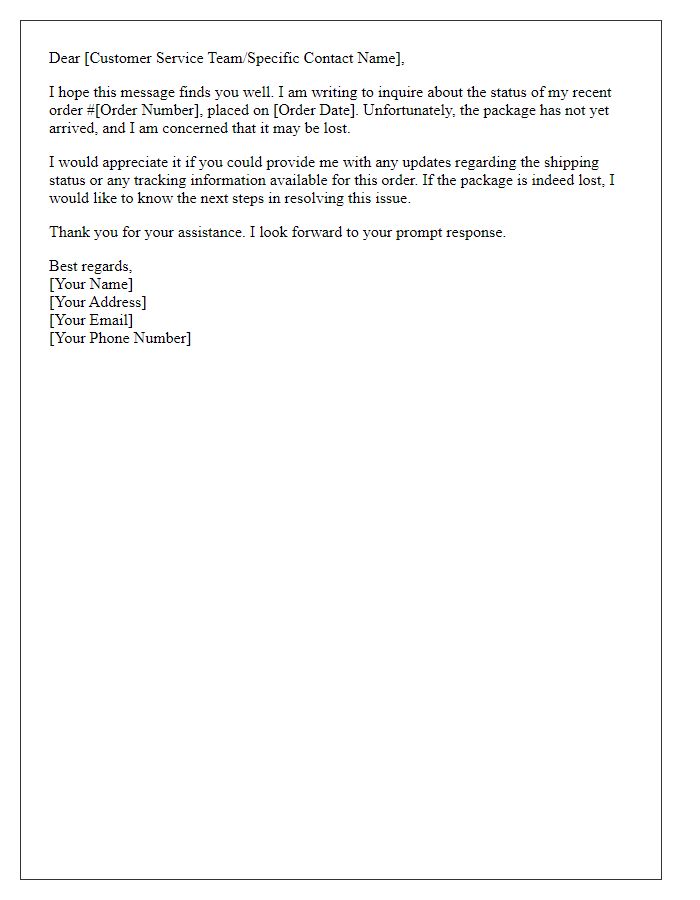 Letter template of order status request for a lost package