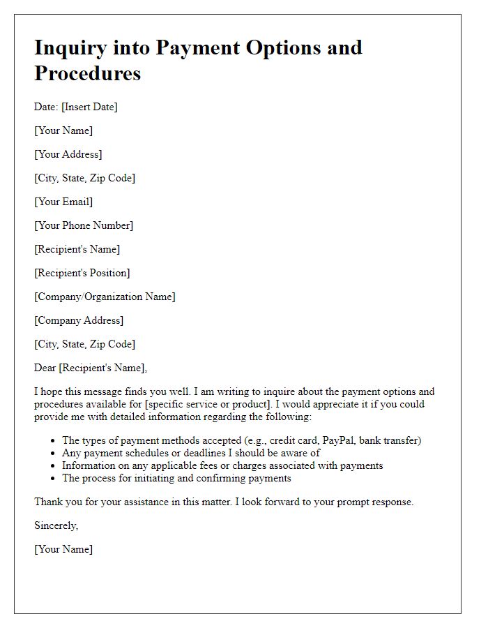 Letter template of inquiry into payment options and procedures