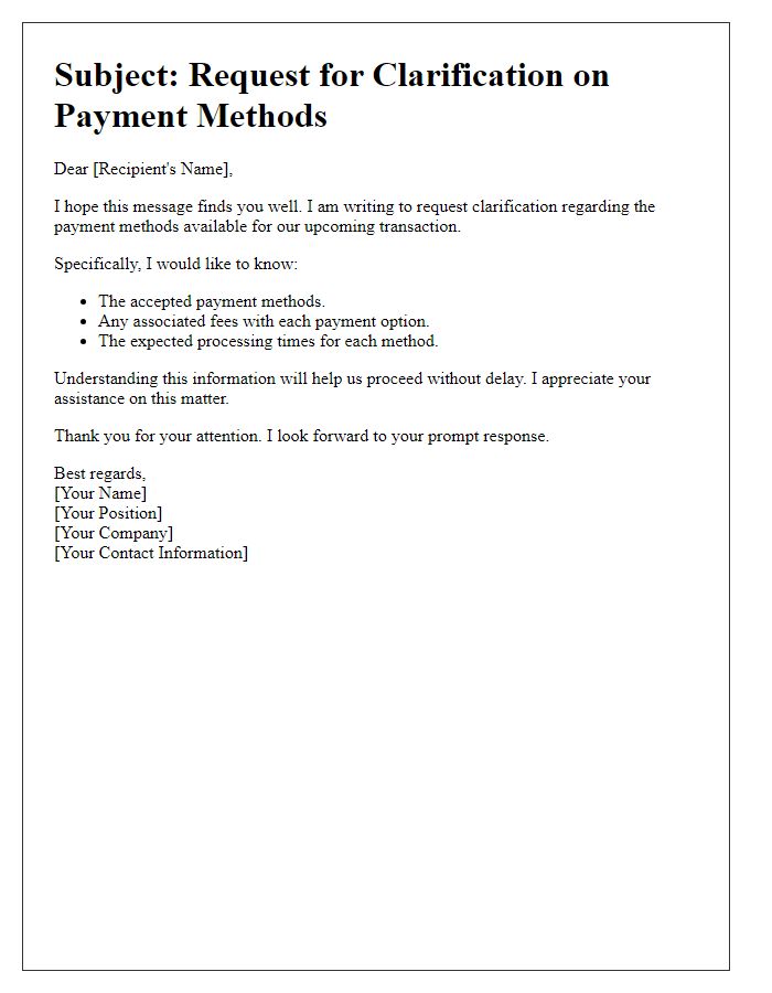 Letter template of payment methods request for clarification