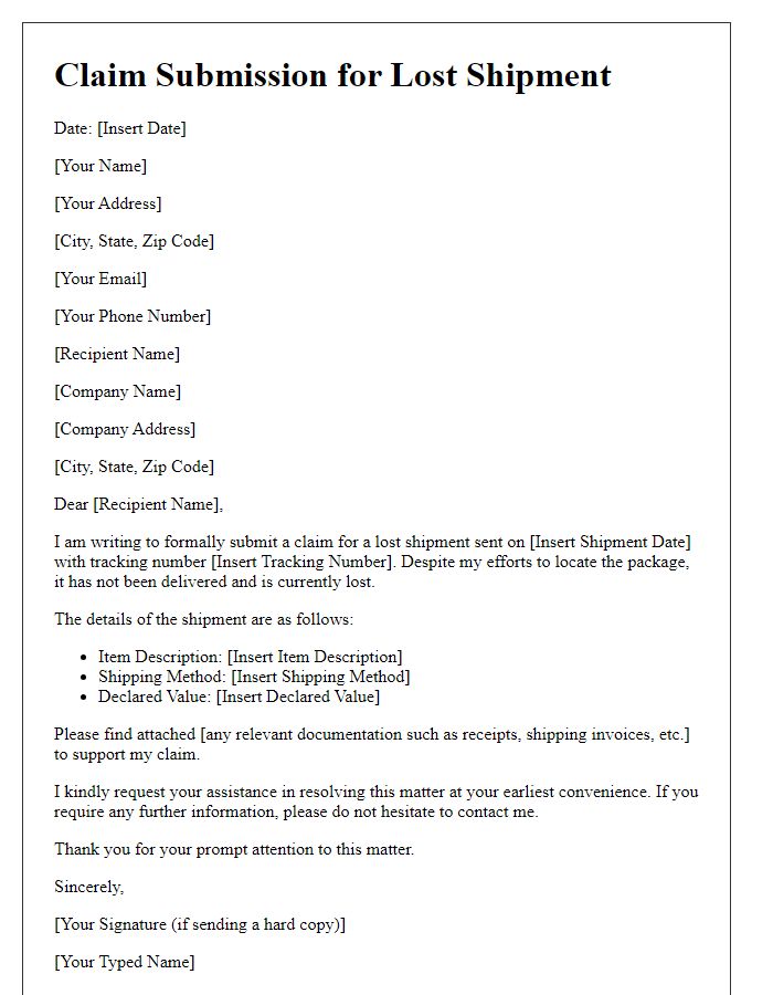 Letter template of claim submission for lost shipment