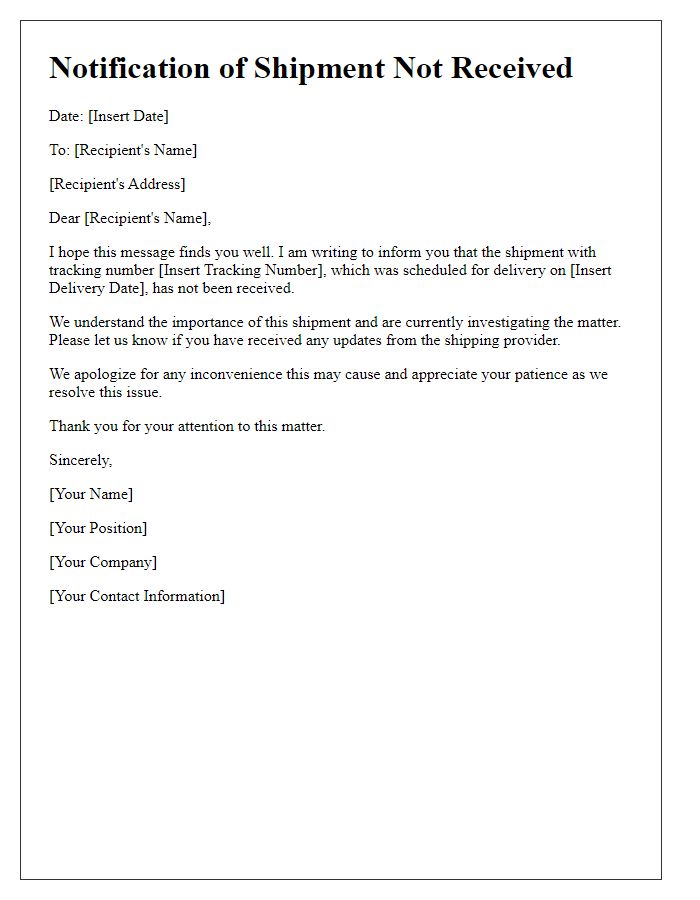Letter template of notification for shipment not received