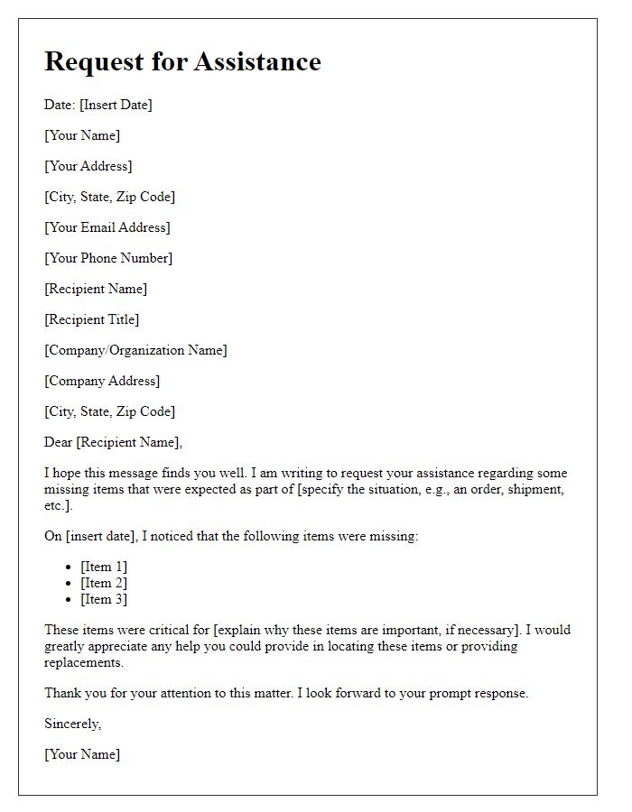 Letter template of request for assistance with missing items