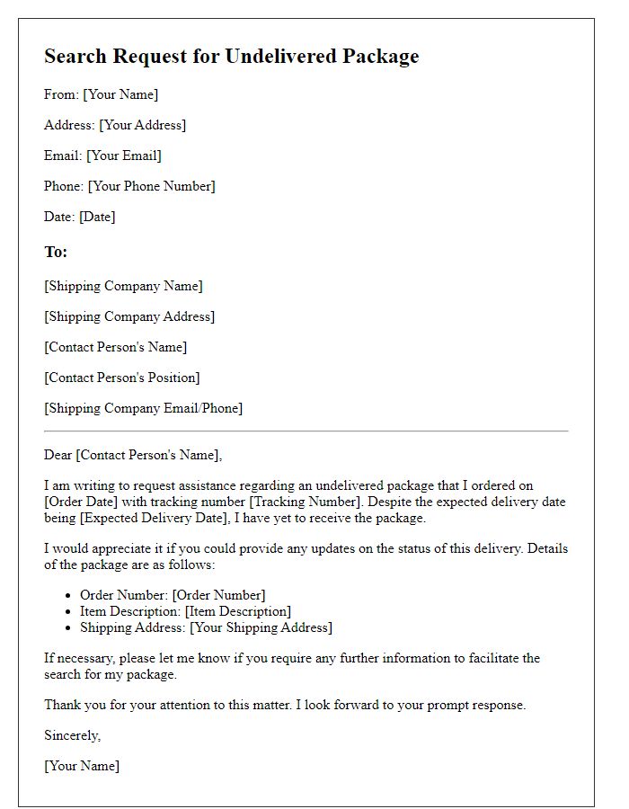 Letter template of search request for undelivered package