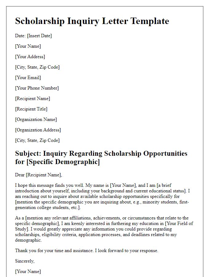 Letter template of scholarship inquiry for specific demographics.