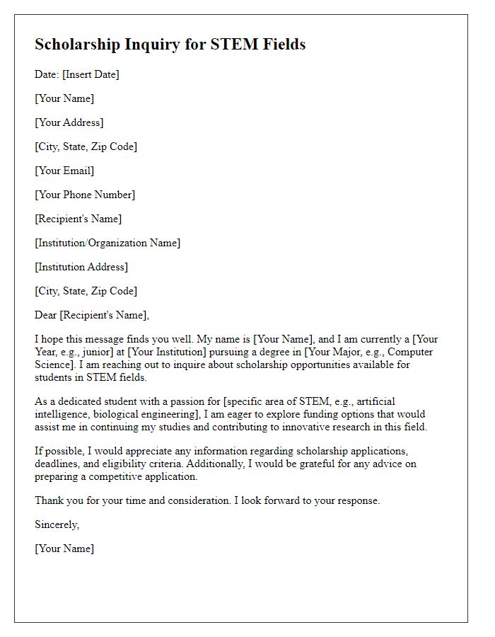 Letter template of scholarship inquiry for STEM fields.