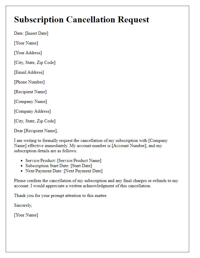 Letter template of formal cancellation request for subscription.