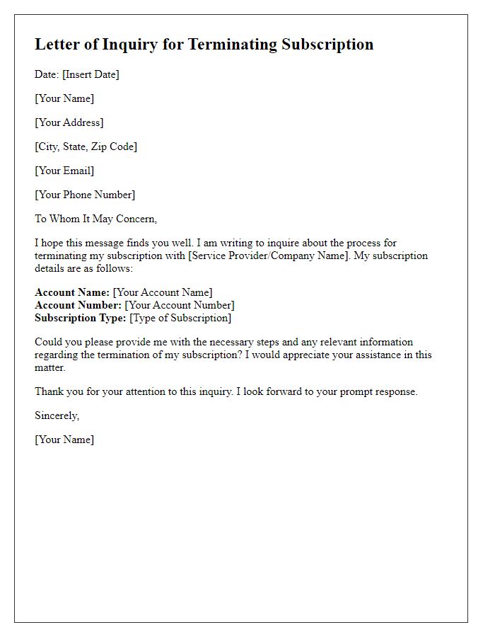 Letter template of inquiry for terminating subscription.