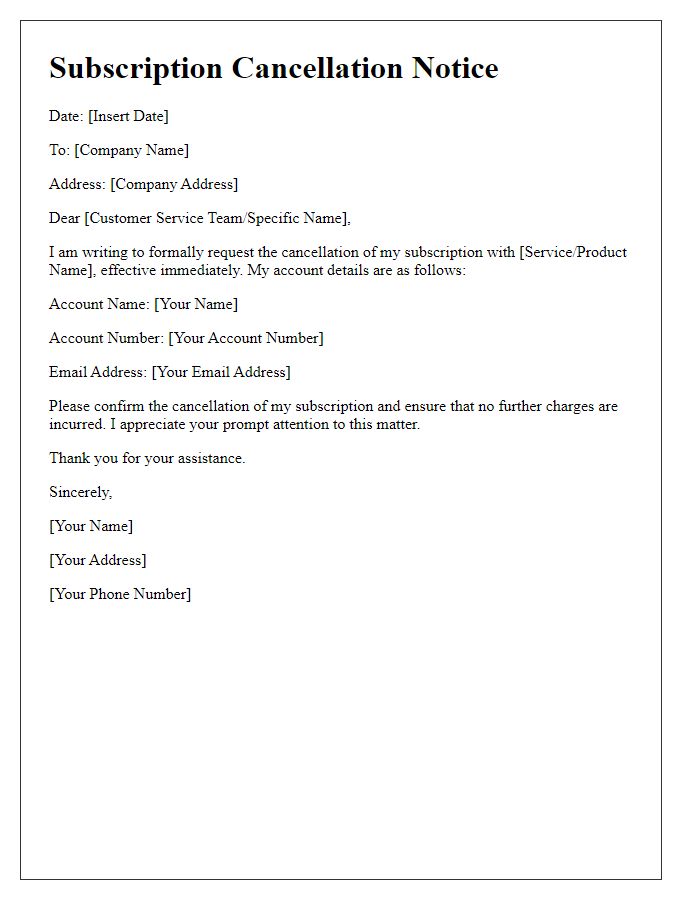 Letter template of notice for subscription cancellation.