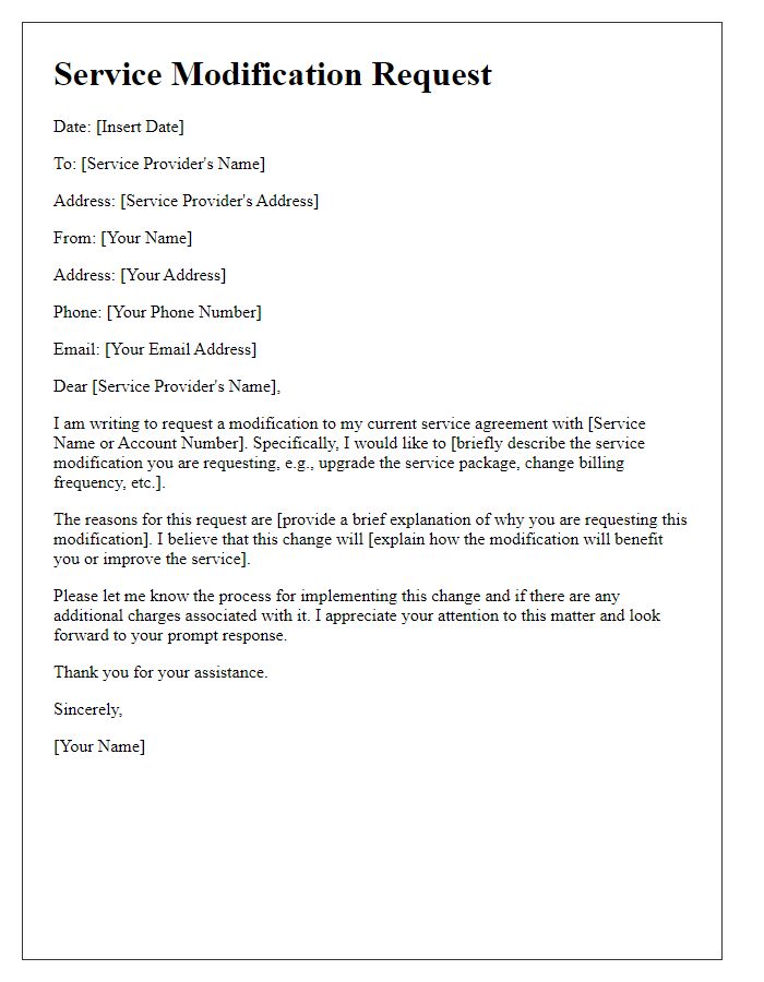 Letter template of service modification request