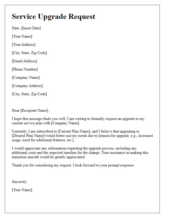 Letter template of service upgrade request