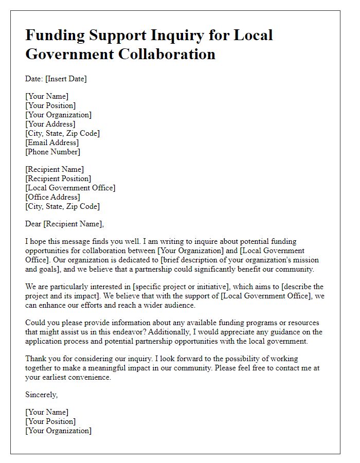 Letter template of funding support inquiry for local government collaboration